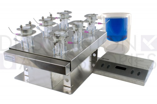 Complete 4mL clear Franz cell vertical diffusion systems for manual sampling.